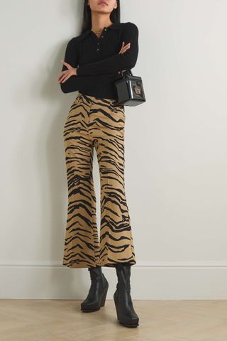Stella McCartney + Cropped Zebra-Print Wool-Blend Flared Pants