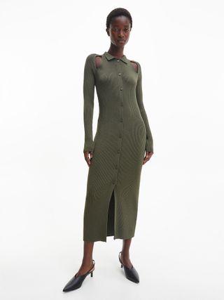 Calvin Klein + Slim Ribbed Midi Shirt Dress