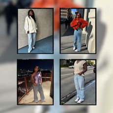 a collage of a woman wearing the best baggy denim jeans