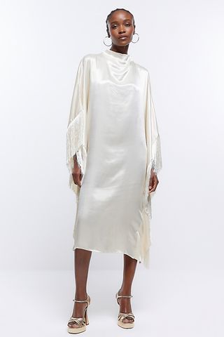 River Island + Cream Fringe Long Sleeve Midi Dress