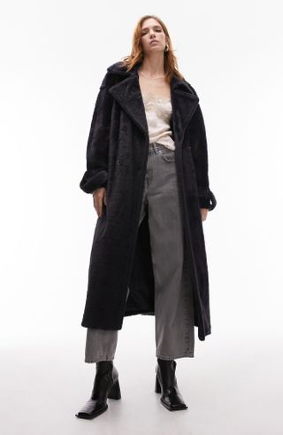 Topshop + Fluffy Longline Faux Fur Trench Coat