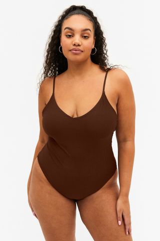 Monki + Brown Ribbed Swimsuit With Slim Straps in Brown