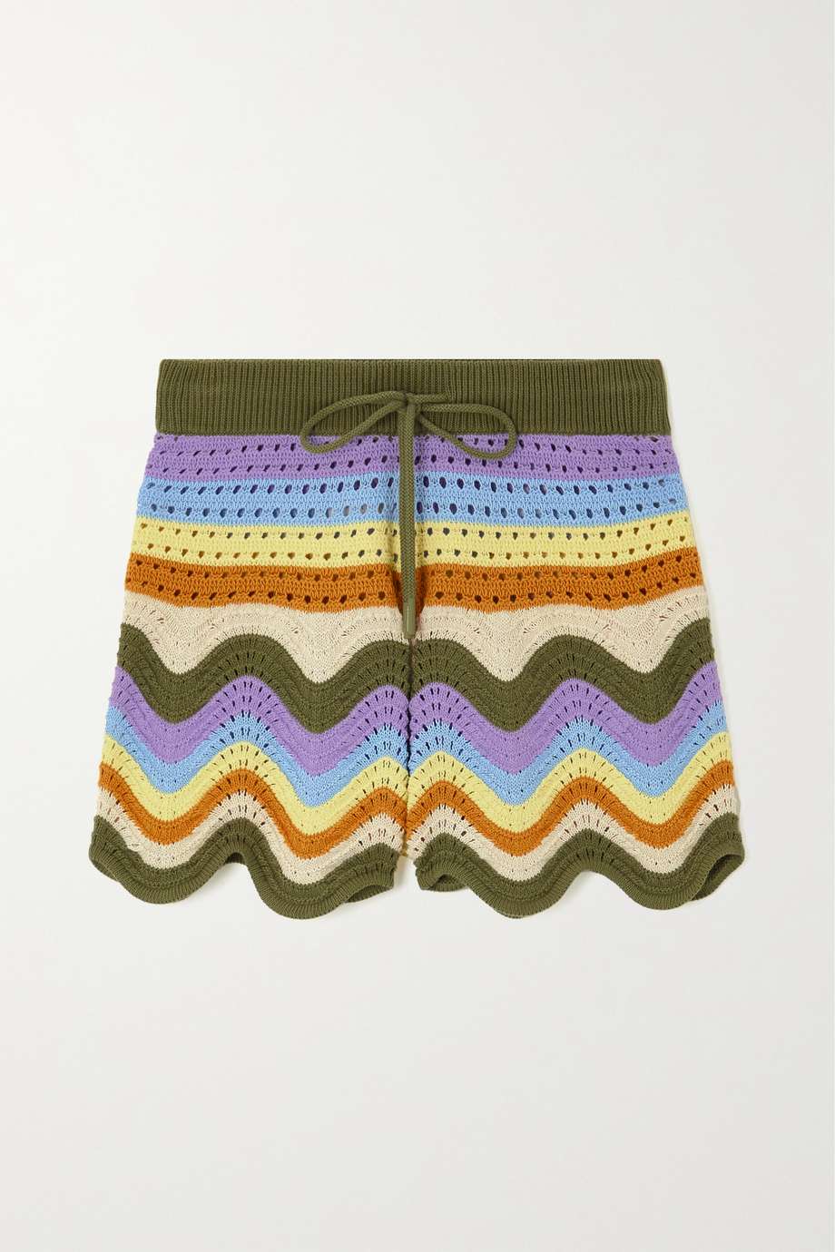 Zimmermann + Scalloped Striped Crochet-Knit Cotton Shorts