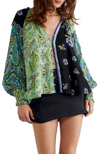 Free People + Gemini Patchwork Print Button-Up Blouse