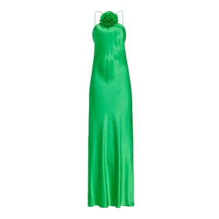Rodarte + Halterneck Floral-Applique Silk-Satin Dress