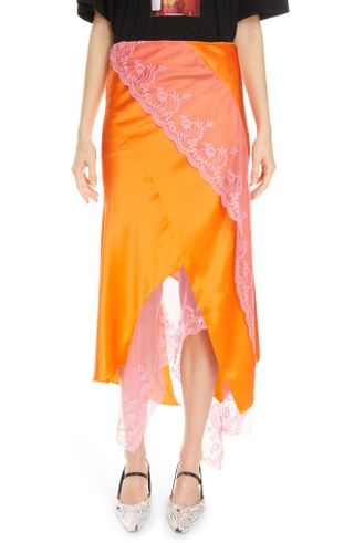 Meryll Rogge + Asymmetrical Lace Detail Silk Slip Skirt