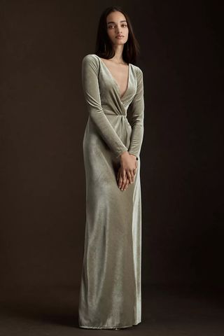 Jenny Yoo + Ryland V-Neck Long-Sleeve Open-Back Velvet Gown