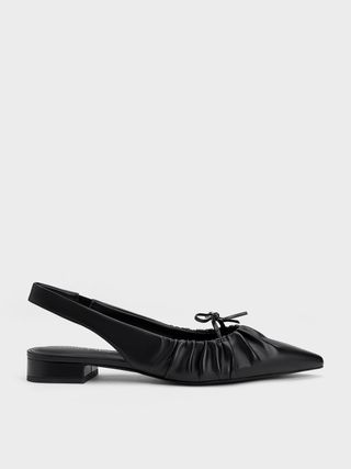Charles & Keith + Black Bow Ruched Slingback Flats