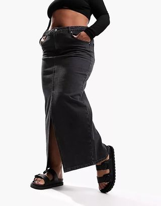 Asos Curve + Denim Midi Skirt With Split Hem in Washed Black