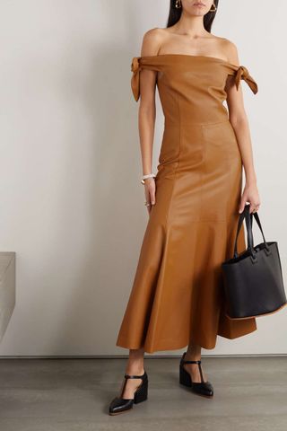 Gabriela Hearst + Eda Off-The-Shoulder Knotted Leather Midi Dress