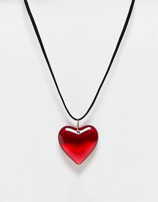 ASOS + Mid Length Cord Necklace With Red Puff Heart