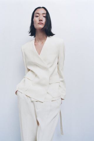 Zara + Linen Blend Belted Blazer
