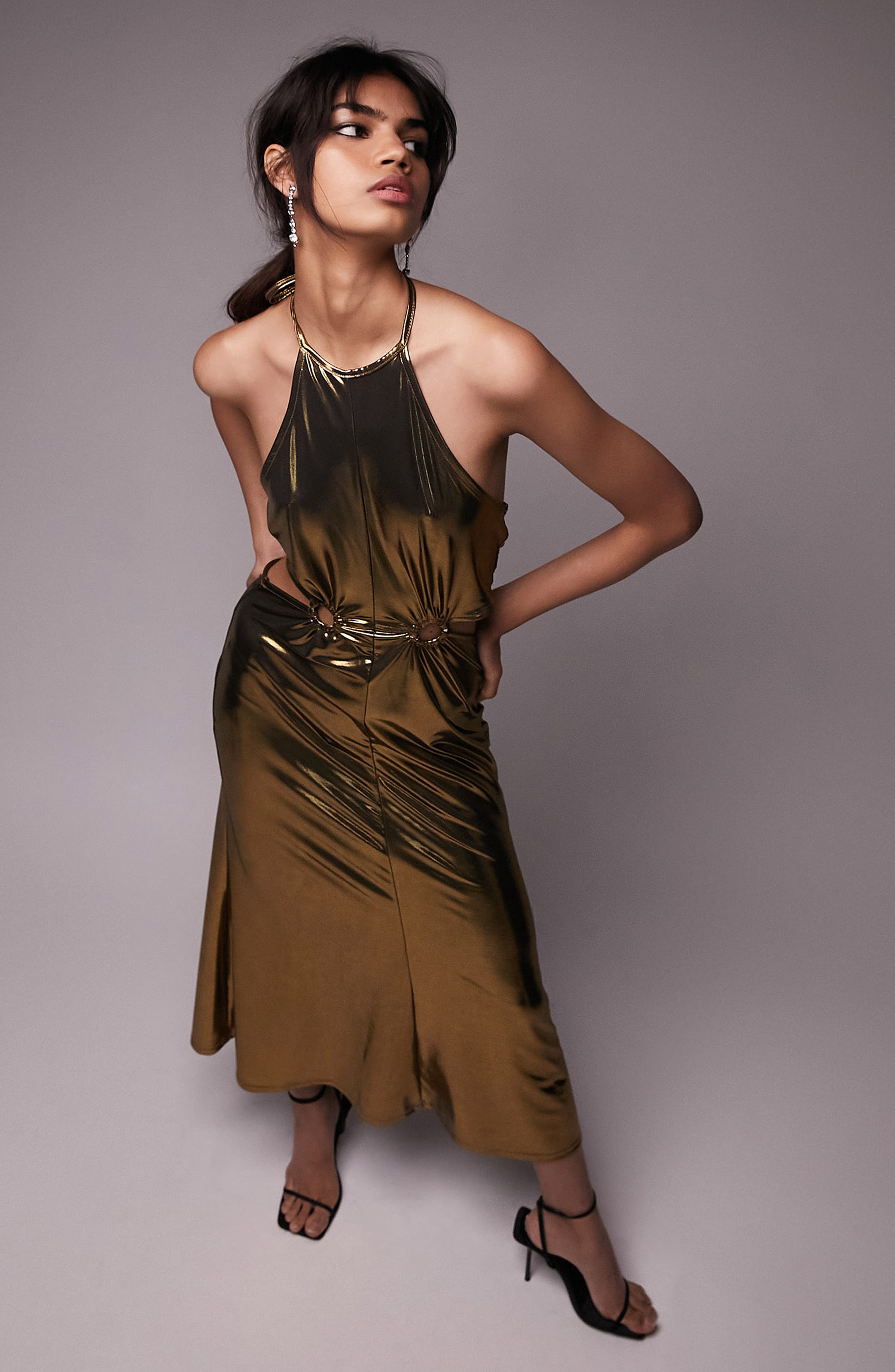 Topshop + Cutout Halter Neck Metallic Midi Dress
