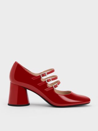 Charles & Keith + Red Buckled Cylindrical Heel Mary Janes