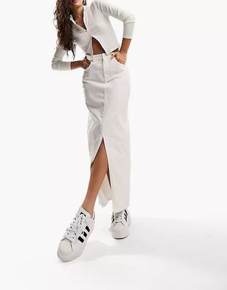 ASOS Design + Hourglass Denim Midi Skirt With Split Hem in Ecru