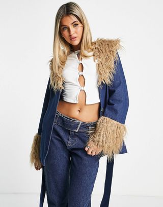 Daisy Street + Y2K Midi Trench Coat with Faux Fur Cuffs and Collar in Denim