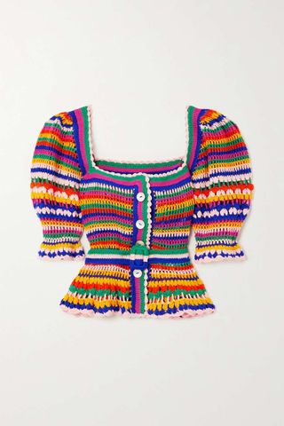 Farm Rio + Striped Crocheted Cotton-Blend Top