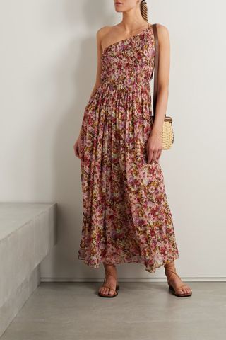 Dôen + Felicity One-Shoulder Shirred Floral-Print Silk-Gauze Maxi Dress