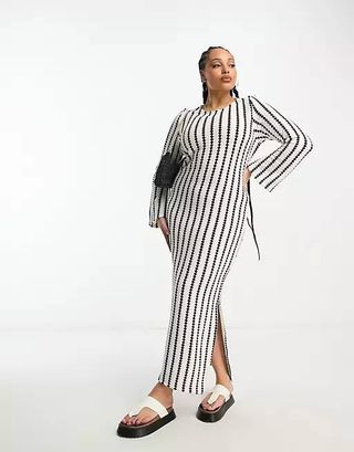 River Island Plus + Midi Dress With Flute Sleeves in Cream and White Stripe