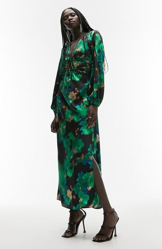 Topshop + Abstract Floral Long Sleeve Satin Maxi Dress