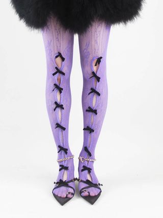 Nodress + Black Bowknot Purple Fishnet Stockings