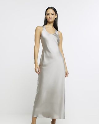 River Island + Silver Satin Maxi Slip Dress