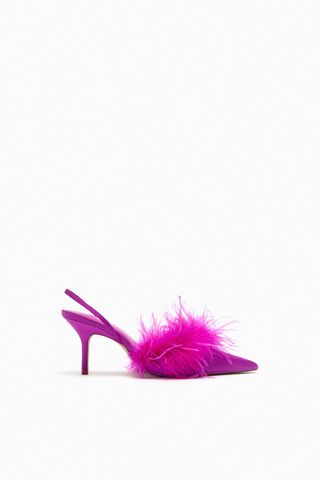 Zara + High-Heel Fabric Shoes with Feather Detail