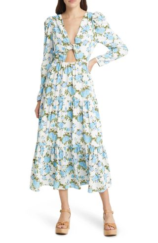 Charles Henry + Floral Twist Front Cutout Long Sleeve Midi Dress