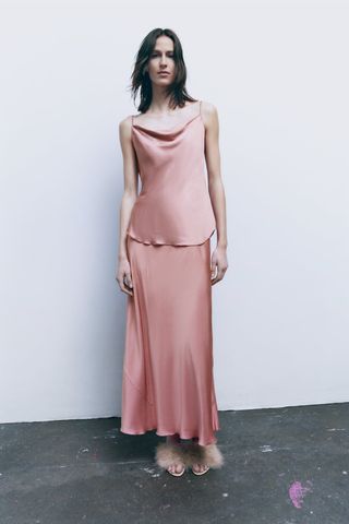 Zara + Satin-Effect Midi Skirt