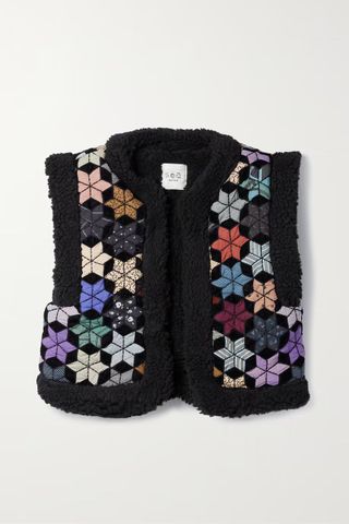 Sea + Estrella Cropped Fleece-Trimmed Patchwork Cotton and Velvet Vest
