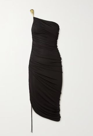 Bottega Veneta + One-Shoulder Asymmetric Embellished Satin-Jersey Midi Dress