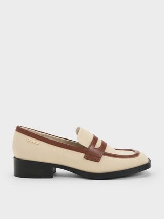 Charles & Keith + Beige Canvas Cut-Out Penny Loafers