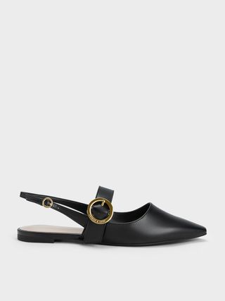 Charles & Keith Uk + Black Buckled Strap Slingback Flats