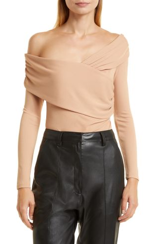 Donna Karan New York + Off the Shoulder Long Sleeve Crepe Jersey Bodysuit