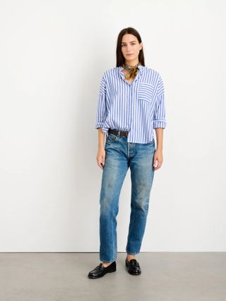 Alex Mill + Collarless Standard Shirt in Wide Stripe