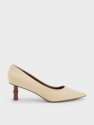 Charles & Keith + Beige Bamboo Heel Pointed-Toe Pumps