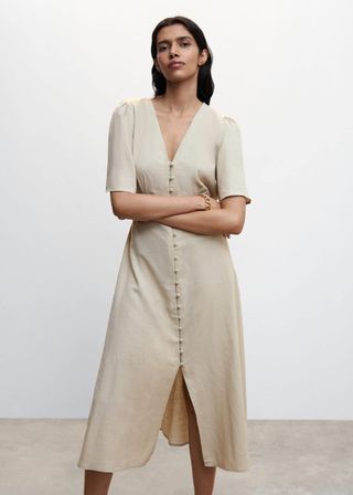 Mango + Buttoned Linen-Blend Dress