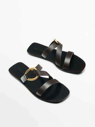 Massimo Dutti + Flat Slider Sandals With Metal Ring Detail