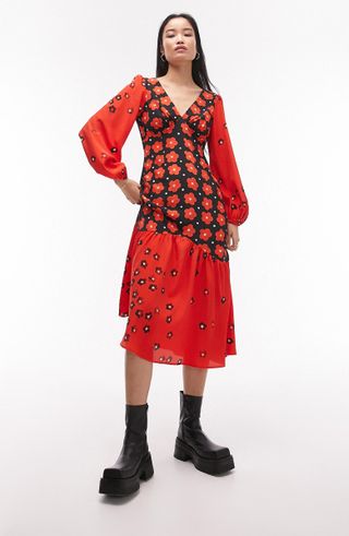 Topshop + Floral Colorblock Long Sleeve Midi Dress