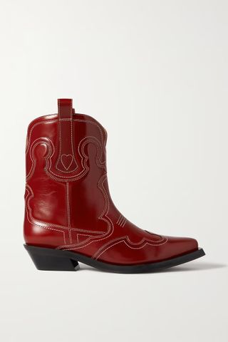 Ganni + Embroidered Leather Ankle Boots