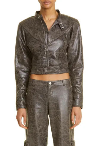 Miaou + Vaughn Crop Distressed Faux Leather Jacket