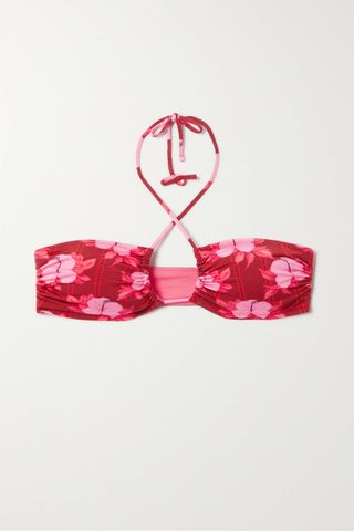 Fisch + Pinel Ruched Floral-Print Stretch-Econyl Halterneck Bikini Top