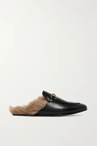 Gucci + Princetown Horsebit-Detailed Shearling-Lined Leather Slippers