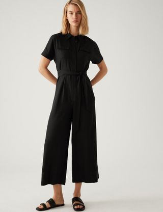 M&S Collection + Linen Blend Belted Cropped Jumpsuit