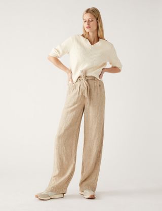 M&S Collection + Pure Linen Belted Wide Leg Trousers