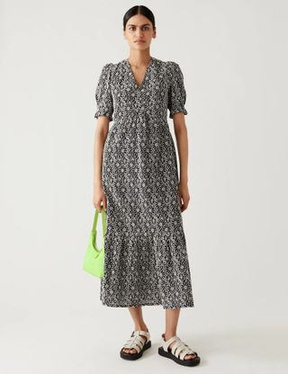 M&S Collection + Cotton Rich Floral Embroidered Midi Tea Dress