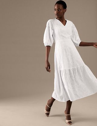 Marks & Spencer + Pure Cotton Embroidered V-Neck Midaxi Dress