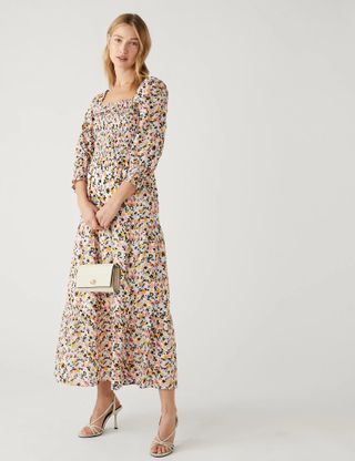 M&S Collection + Pure Cotton Printed Shirred Midaxi Dress