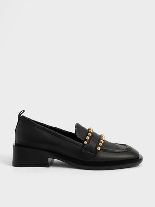 Charles & Keith + Black Studded Leather Penny Loafers