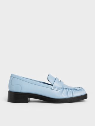 Charles & Keith + Light Blue Ruched Square-Toe Loafers
